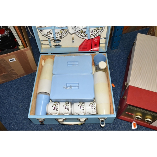542 - TWO BOXES AND LOOSE RECORDS, RECORD PLAYER, PICNIC SET, METAL WARE AND MISCELLANEOUS ITEMS, to inclu... 