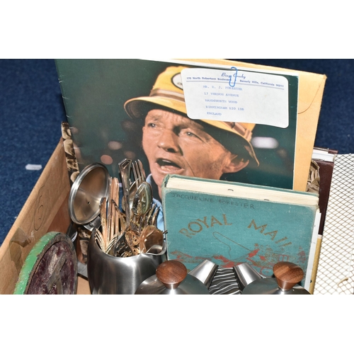 542 - TWO BOXES AND LOOSE RECORDS, RECORD PLAYER, PICNIC SET, METAL WARE AND MISCELLANEOUS ITEMS, to inclu... 