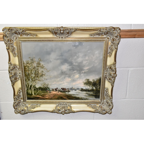 544 - GUDRUN SIBBONS (GERMAN / BRITISH 1925-2020)  A RIVER LANDSCAPE WITH FIGURES AND HORSES, male figures... 