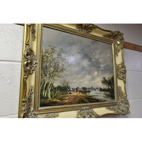 544 - GUDRUN SIBBONS (GERMAN / BRITISH 1925-2020)  A RIVER LANDSCAPE WITH FIGURES AND HORSES, male figures... 