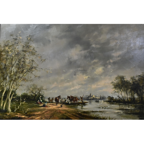 544 - GUDRUN SIBBONS (GERMAN / BRITISH 1925-2020)  A RIVER LANDSCAPE WITH FIGURES AND HORSES, male figures... 