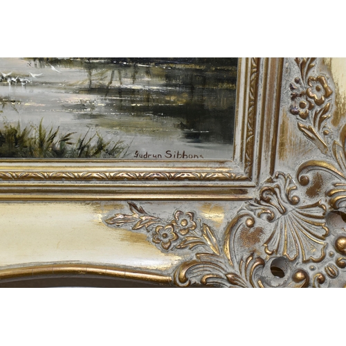 544 - GUDRUN SIBBONS (GERMAN / BRITISH 1925-2020)  A RIVER LANDSCAPE WITH FIGURES AND HORSES, male figures... 