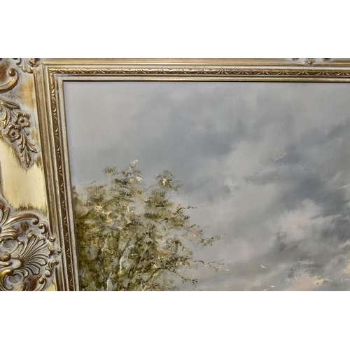 544 - GUDRUN SIBBONS (GERMAN / BRITISH 1925-2020)  A RIVER LANDSCAPE WITH FIGURES AND HORSES, male figures... 