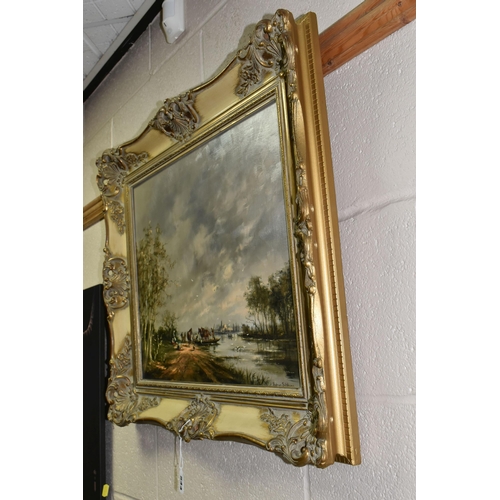 544 - GUDRUN SIBBONS (GERMAN / BRITISH 1925-2020)  A RIVER LANDSCAPE WITH FIGURES AND HORSES, male figures... 