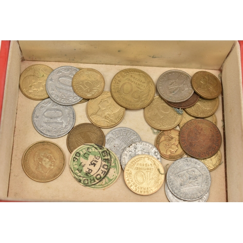 170 - A CARDBOARD BOX CONTAINING MIXED COINS, to include 8 Reals 1817 Ferdinand VII counter stamped (McFie... 