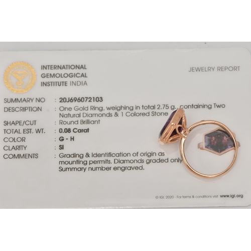 11 - A 9CT GOLD GEM SET RING, an elongated hexagon cut amethyst, bezel set in rose gold, flanked with two... 