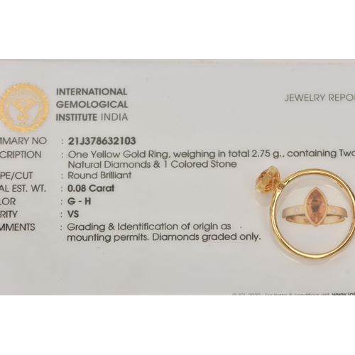13 - A 9CT GOLD GEM SET RING, an marquise cut orange stone assessed as citrine, bezel set in yellow gold,... 