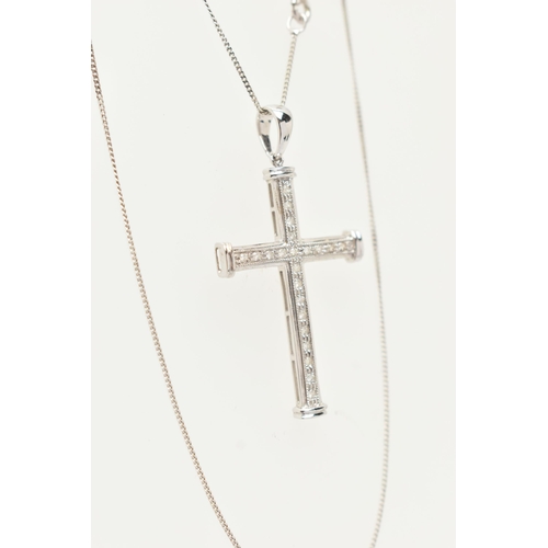 22 - A 9CT WHITE GOLD, DIAMOND CROSS PENDANT NECKLACE, the cross set with single cut diamonds, fitted wit... 