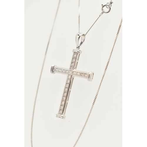 22 - A 9CT WHITE GOLD, DIAMOND CROSS PENDANT NECKLACE, the cross set with single cut diamonds, fitted wit... 