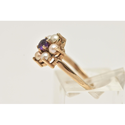 24 - A YELLOW METAL AMETHYST AND SPLIT PEARL CLUSTER RING, of a flower shape set to the centre with a cir... 