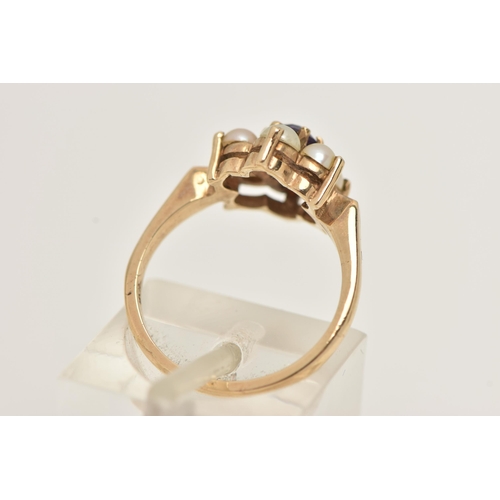 24 - A YELLOW METAL AMETHYST AND SPLIT PEARL CLUSTER RING, of a flower shape set to the centre with a cir... 