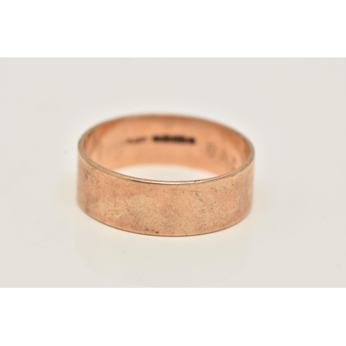 27 - A 9CT GOLD BAND RING, a rose gold flat profile band ring, approximate width 7mm, hallmarked 9ct Shef... 