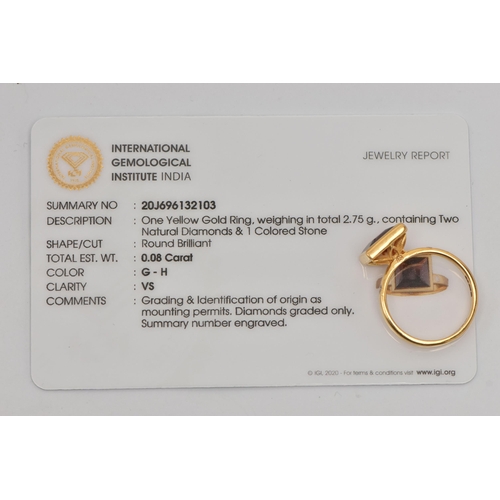 31 - A 9CT GOLD GEM SET RING, a square cut red stone assessed as garnet, bezel set in yellow gold, flanke... 