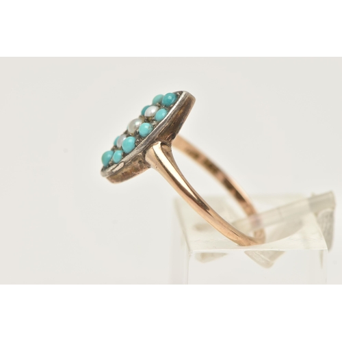 40 - A WHITE AND YELLOW METAL GEM SET CLUSTER RING, the ring is of marquise shape outline, set with three... 