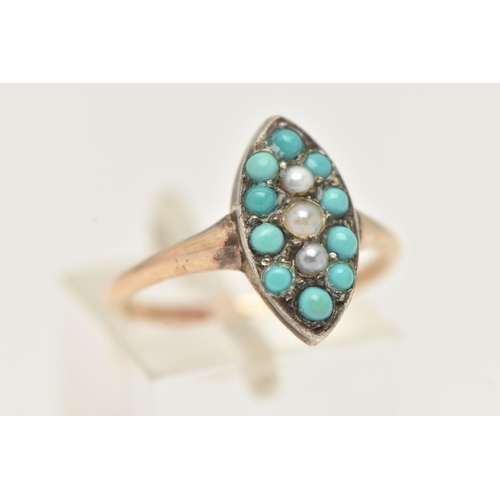 40 - A WHITE AND YELLOW METAL GEM SET CLUSTER RING, the ring is of marquise shape outline, set with three... 