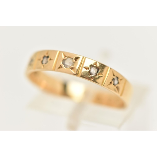 45 - A LATE VICTORIAN 18CT YELLOW GOLD DIAMOND FIVE STONE RING, set with five sightly graduating rose cut... 