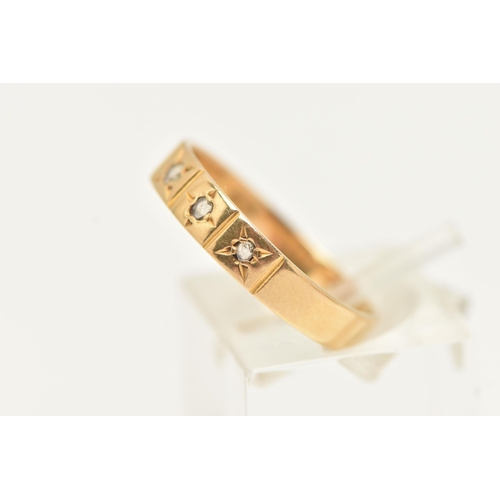 45 - A LATE VICTORIAN 18CT YELLOW GOLD DIAMOND FIVE STONE RING, set with five sightly graduating rose cut... 