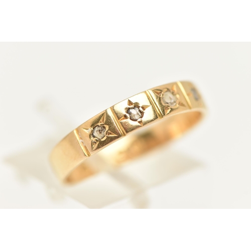 45 - A LATE VICTORIAN 18CT YELLOW GOLD DIAMOND FIVE STONE RING, set with five sightly graduating rose cut... 