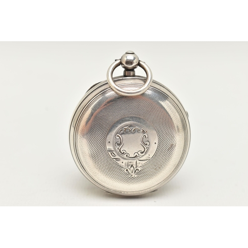 57 - A LATE VICTORIAN SILVER OPEN FACE POCKET WATCH, key wound, round white dial, Roman numerals, subsidi... 