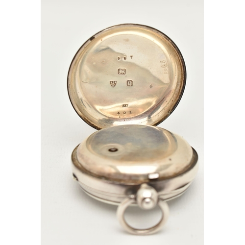 57 - A LATE VICTORIAN SILVER OPEN FACE POCKET WATCH, key wound, round white dial, Roman numerals, subsidi... 