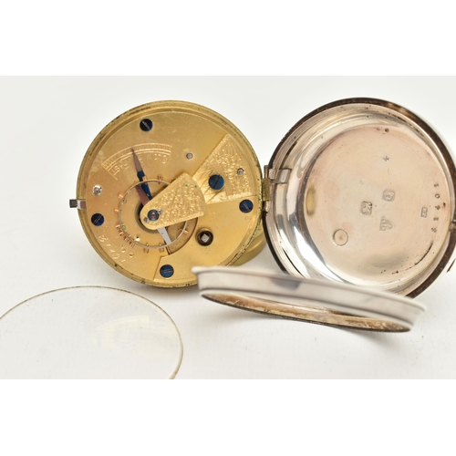 57 - A LATE VICTORIAN SILVER OPEN FACE POCKET WATCH, key wound, round white dial, Roman numerals, subsidi... 