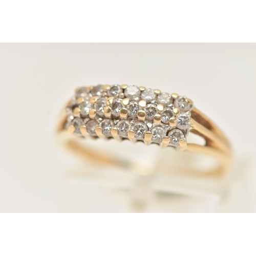 7 - AN 18CT GOLD DIAMOND CLUSTER RING, three rows of round brilliant cut diamonds prong set in yellow go... 