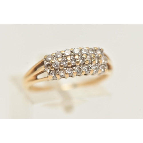 7 - AN 18CT GOLD DIAMOND CLUSTER RING, three rows of round brilliant cut diamonds prong set in yellow go... 