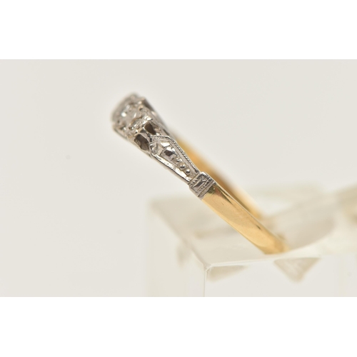 8 - A THREE STONE DIAMOND RING, three single cut diamonds, prong set in an white metal illusion setting,... 