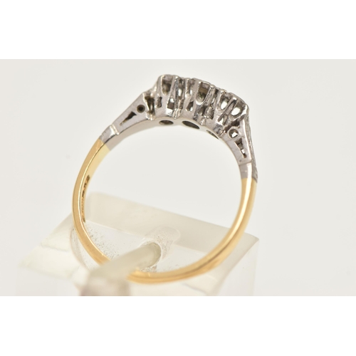 8 - A THREE STONE DIAMOND RING, three single cut diamonds, prong set in an white metal illusion setting,... 