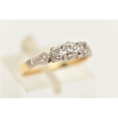 8 - A THREE STONE DIAMOND RING, three single cut diamonds, prong set in an white metal illusion setting,... 