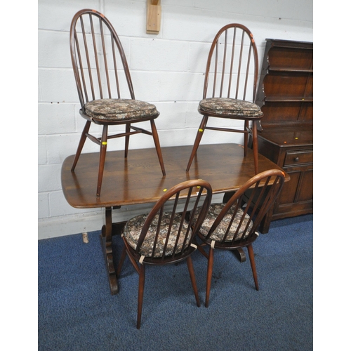 1205 - LUCIAN ERCOLANI, A MID CENTURY STAINED ELM AND BEECH TRESTLE DINING TABLE, length 153cm x depth 77cm... 