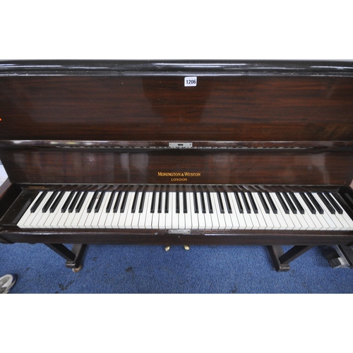 1206 - MONINGTON AND WESTON, A MAHOGANY OVERSTRUNG UPRIGHT PIANO, serial number 65036, width 135cm x depth ... 