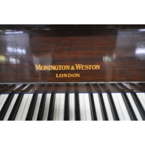 1206 - MONINGTON AND WESTON, A MAHOGANY OVERSTRUNG UPRIGHT PIANO, serial number 65036, width 135cm x depth ... 