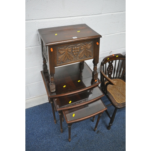 1207 - A MAHOGANY NEST OF THREE TABLES, a small drop leaf table, a cane seated chair, along with an oak sew... 