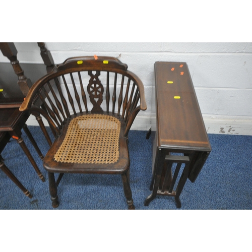 1207 - A MAHOGANY NEST OF THREE TABLES, a small drop leaf table, a cane seated chair, along with an oak sew... 