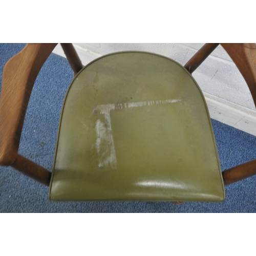 1219 - A MID CENTURY TEAK SWIVEL OFFICE CHAIR, with green leatherette upholstery, width 62cm x depth 58cm x... 