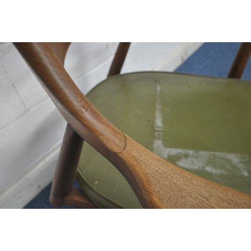 1219 - A MID CENTURY TEAK SWIVEL OFFICE CHAIR, with green leatherette upholstery, width 62cm x depth 58cm x... 