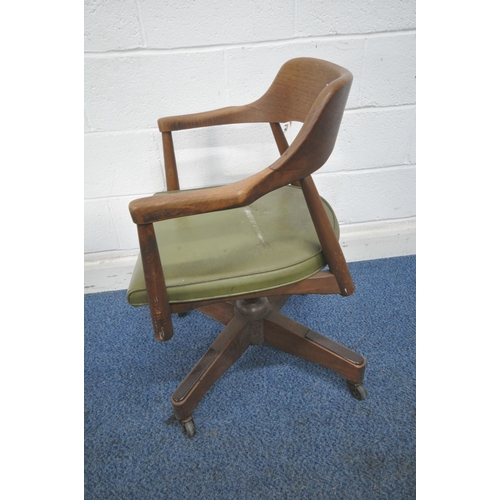 1219 - A MID CENTURY TEAK SWIVEL OFFICE CHAIR, with green leatherette upholstery, width 62cm x depth 58cm x... 