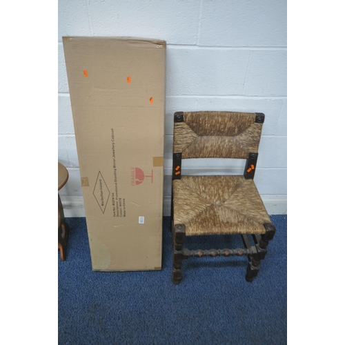 1220 - AN OAK CHAIR WITH RUSH BACK AND SEAT, a brand new in box mirror jewellery cabinet, a magazine table ... 