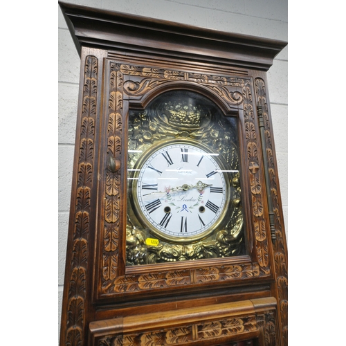 1226 - A 20TH CENTURY FRENCH OAK LONGCASE CLOCK, the glass door enclosing a brass and enamel dial, depictin... 