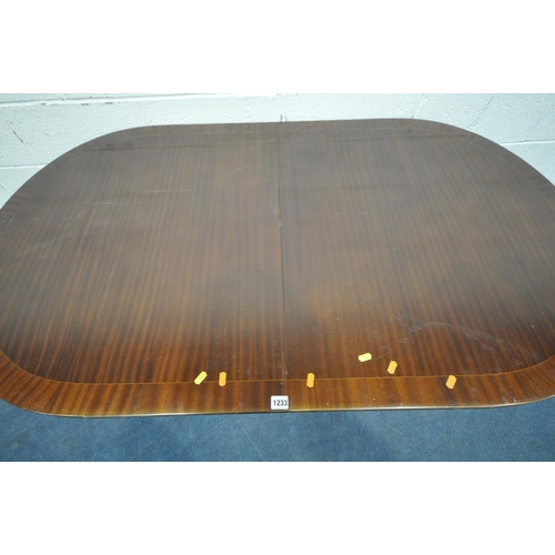 1233 - A 20TH CENTURY MAHOGANY OVAL EXTENDING DINING TABLE, length 153cm x depth 89cm x height 75cm, a set ... 