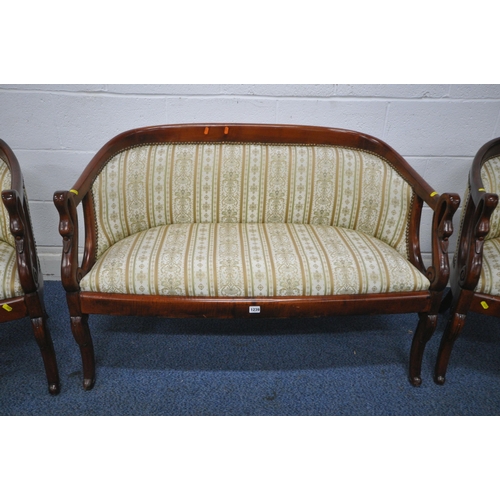 1239 - A REPRODUCTION THREE PIECE LOUNGE SUITE, with swan neck armrests, and stripped fabric, comprising a ... 