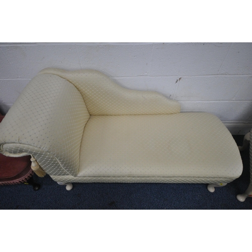 1241 - A MODERN CREAM PATTERNED UPHOLSTERED CHAISE LONGUE, on cabriole legs, length 138cm, and a matching b... 