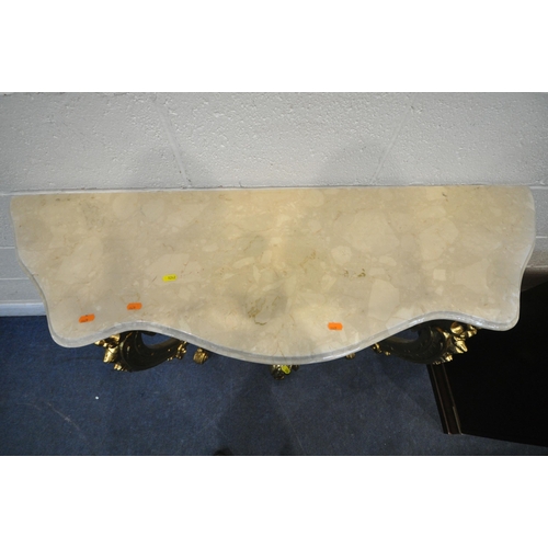 1242 - A REPRODUCTION GILT WOOD MARBLE TOP SERPENTINE CONSOLE TABLE, with scrolled details, width 128cm x d... 