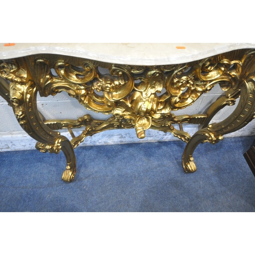 1242 - A REPRODUCTION GILT WOOD MARBLE TOP SERPENTINE CONSOLE TABLE, with scrolled details, width 128cm x d... 