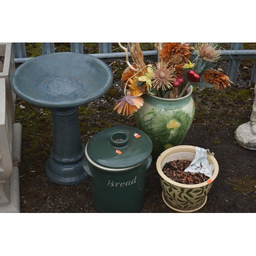 1004 - A SELECTION OF GARDEN AND HOUSEHOLD ITEMS, to include a green glazed bird bath, diameter 41cm x heig... 