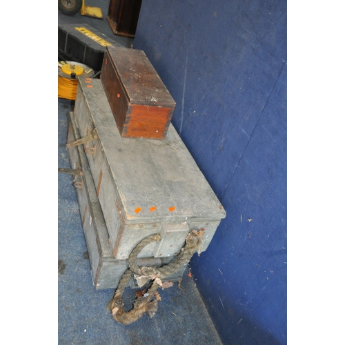 1086 - TWO VINTAGE WOODEN MILITARY CRATES with rope handles and steel bracing, width 92cm depth 32cm height... 