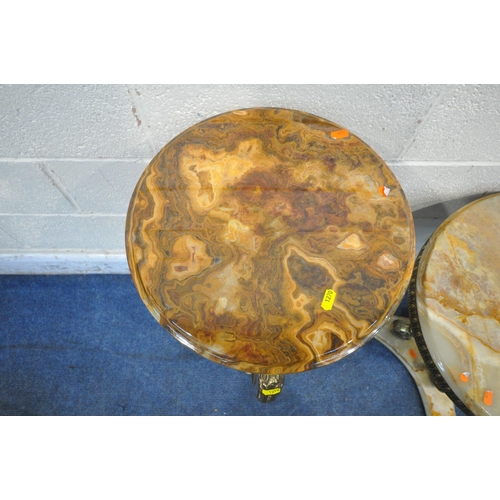 1270 - TWO BRASS AND ONYX TABLES, shortest diameter 50cm x height 56cm (condition report: taller table with... 