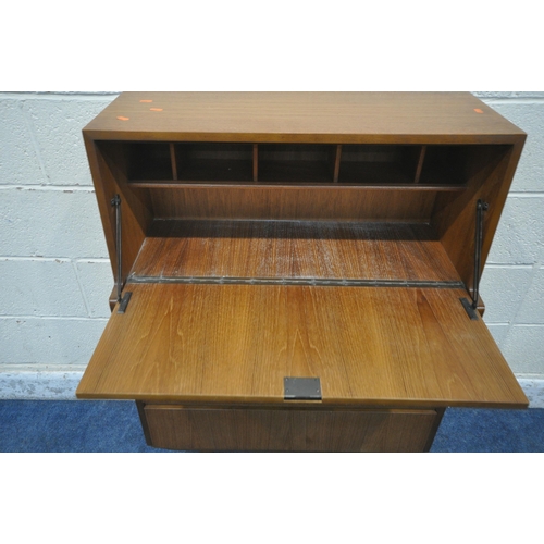 1271 - A MID CENTURY TEAK BUREAU, the fall front door enclosing a fitted interior, above three drawers, wid... 