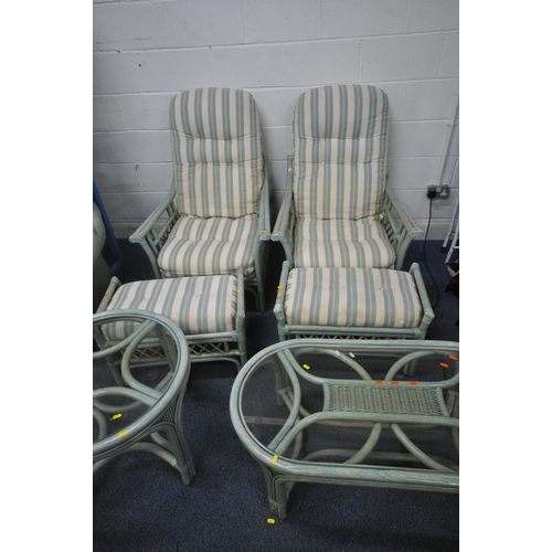 1278 - A MINT GREEN SEVEN PIECE CONSERVATORY SUITE, comprising a pair of armchairs, a pair of foot stools, ... 